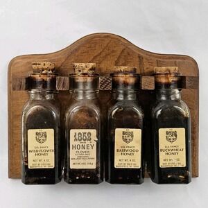 Vintage Oak Wood Honey Bottle Jar Rack USA Clover Buckwheat Wild Flower Basswood
